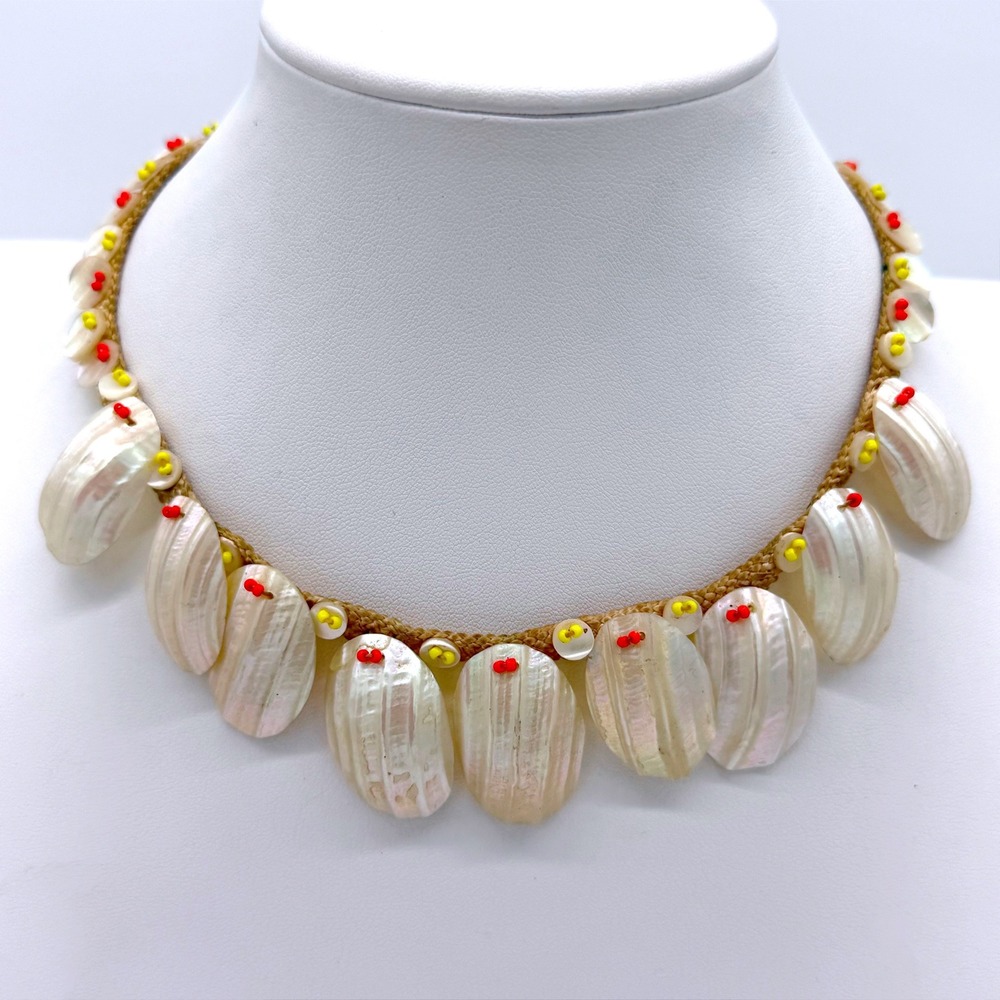 Vintage Made in Japan Mother of Pearl Shell Necklace Woven Cord Beach Boho